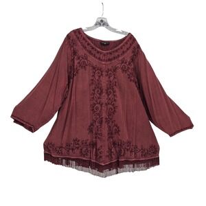 HolyClothing Embroidered Tunic 4X Burgundy Fringe Boho Renaissance Lagenlook